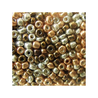 Színmix ezüst-arany-bronz metálos kásagyöngy, 2mm